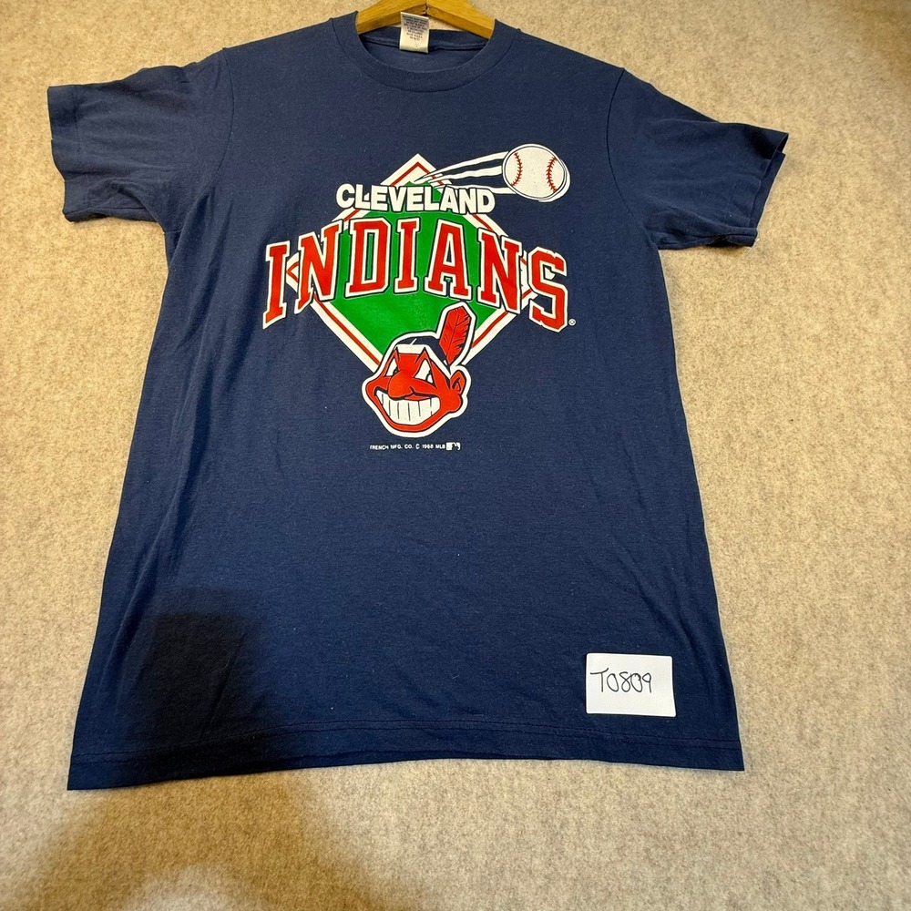 Vintage 1988 Cleveland Indians Shirt Chief Wahoo Trench MLB Navy Blue Mens M